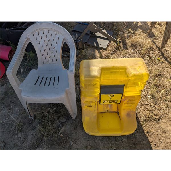 Emergency Eyewash Station, (2) Plastic Patio Chairs