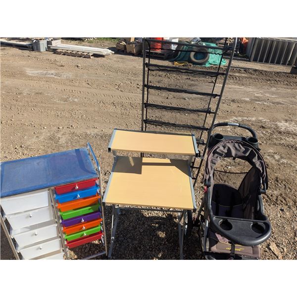 Mixed Housewares Lot – Desk, Organizer, Shoe Rack, Stroller