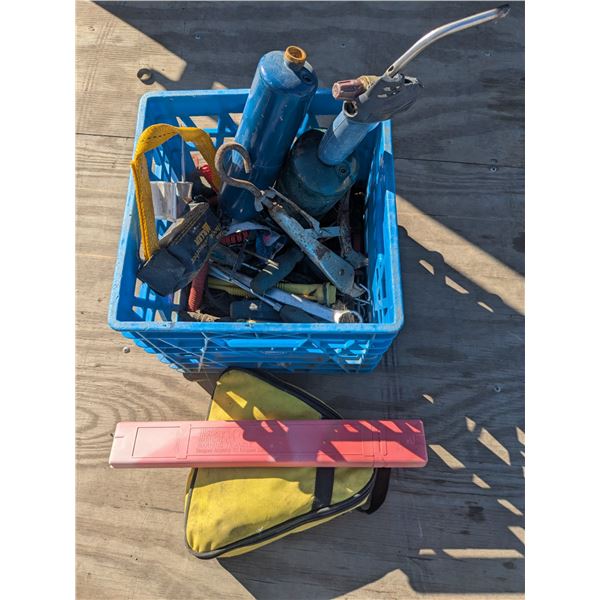 Milkcrate w/ Assorted Tools, Roadside Reflectors