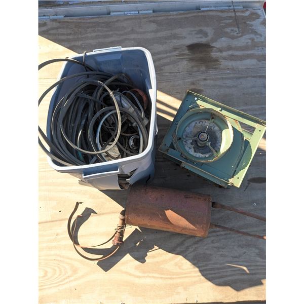 Bin of Belts & Assorted Parts, Furnace Fan, etc.