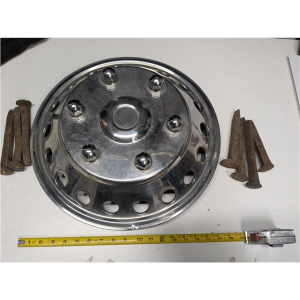 Semi Front Wheel Cover, (7) Antique Railroad Spikes