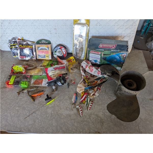 Assorted Camping/Fishing Lot – 12V Air Pump in Box, Boat Propeller, Fishing Tackle & Reel, 
