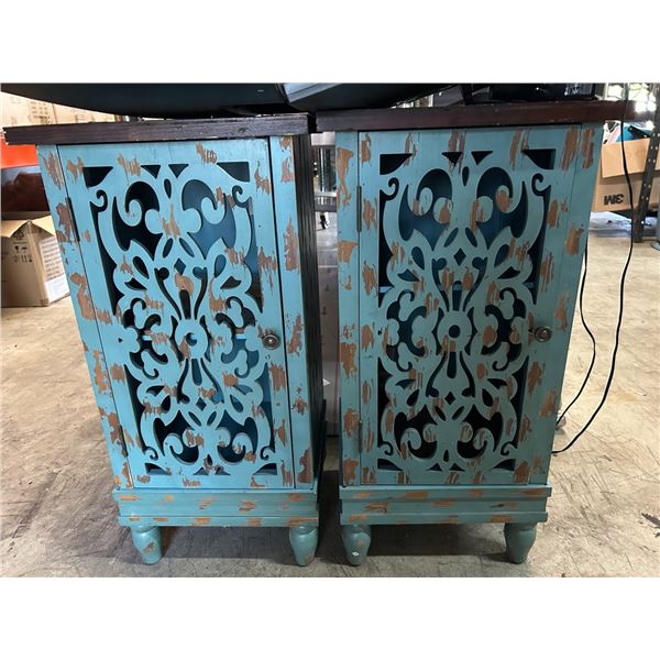 Distressed Blue/Mocha Top Ornate Carved Cabinets - Pair