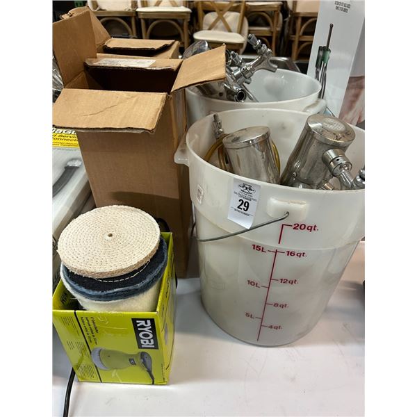Measuring Buckets 2, Beer Tap Heads 6, Ryobi Orbital Buffer