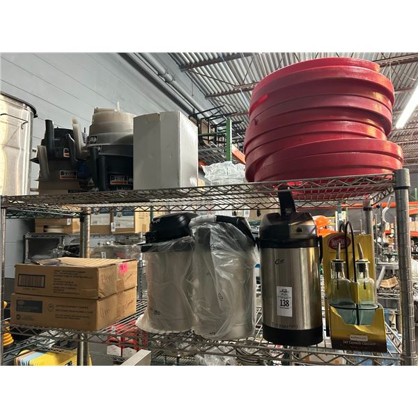 Coffee Pump Dispensers 3,  Brewer Cleaners, Supplies - Top 2 Shelves