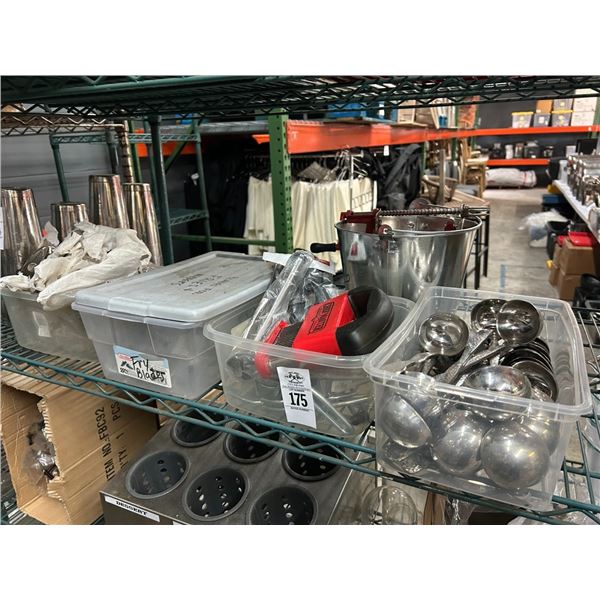 Small Plastic Bins 4 w/Tenderizer, Ladels, Veg Blades, Bucket w/Apple Corer
