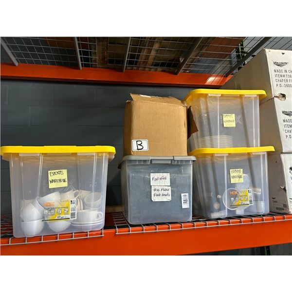 Bins  5 w/Coffee Mugs, Saucers, Linens, Event Supplies