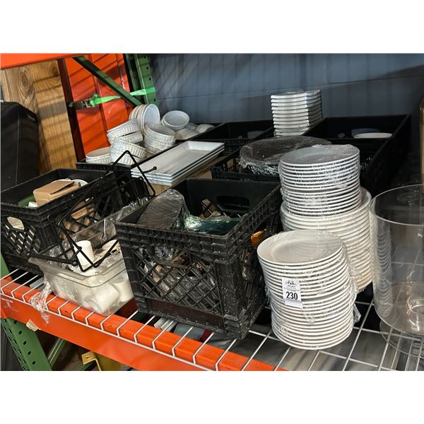 Large Shelf Lot Dishes, Pitchers, Utensils, Banquet Supplies