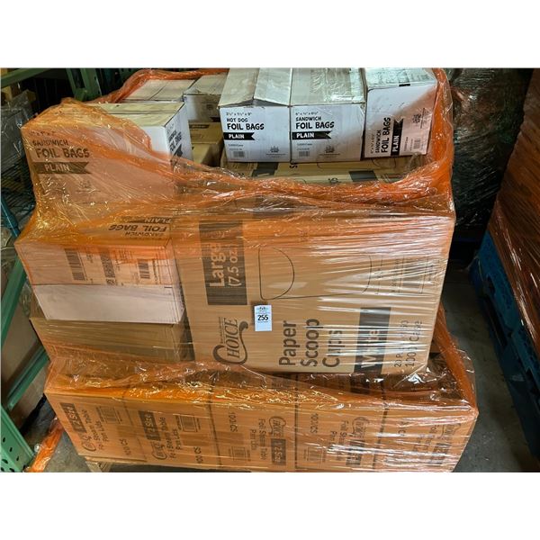 Pallet of Pan Lids, Paper Scoop Cups, Foil Bags, Supplies