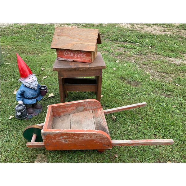 VINTAGE, RUSTIC WOODEN GARDEN DÉCOR: WHEELBARROW, BIRD HOUSE, STOOL, AND GNOME