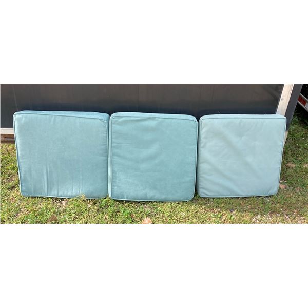 THREE LIGHT BLUE SQUARE SEAT CUSHIONS