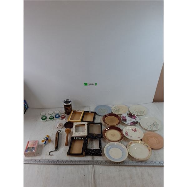 (6) 8-Track Boxes, Donald Duck Figure, (60+) 72, Pocket Balance, (11) Assorted Plates (4) Shot Glass