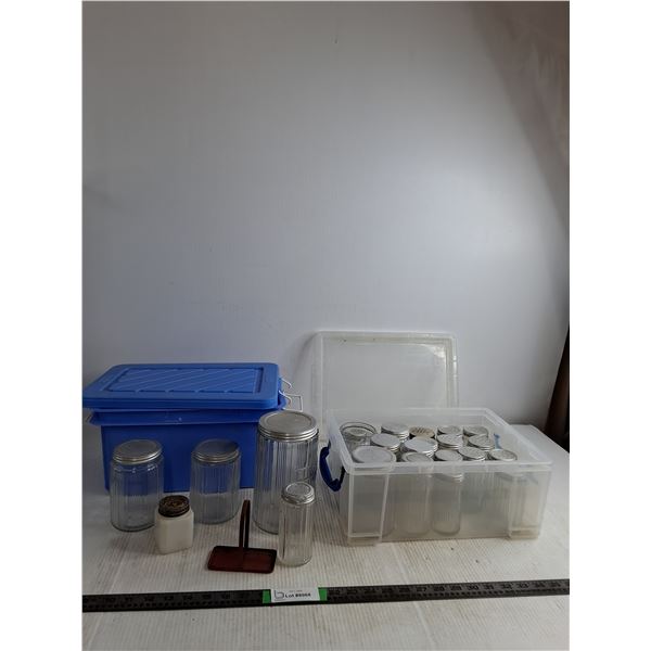 Container Of Assorted Hoosier Glass Containers, (2) Storage Bins With Lids