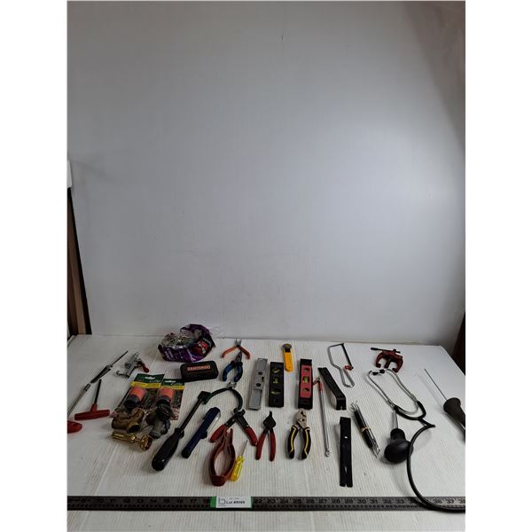 Tray Of Automotive Hardware; Mechanics Stethescope, Pliers, Levels, Misc