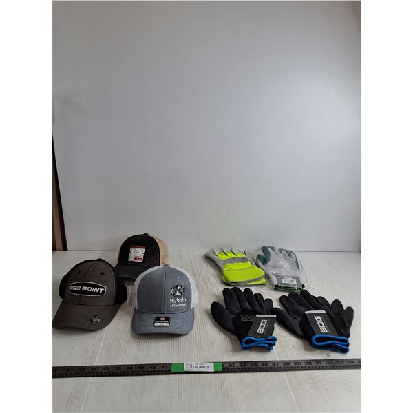 (4) Pairs of Work Gloves (3pr XL, 1 pr 2XL), (3) Ball Caps