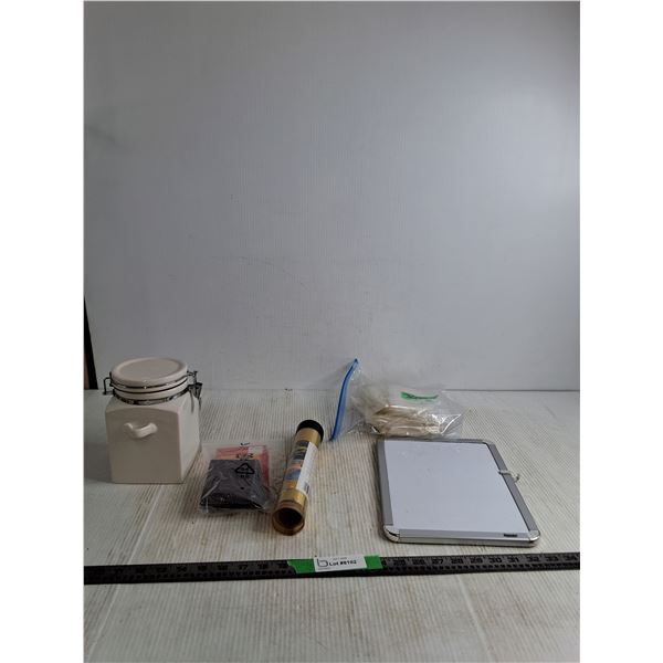 Tray Of Plastic Bags, White Board, Coffee Container, Gold Foil