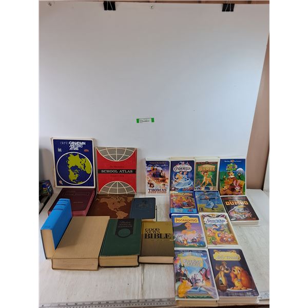 (9) Books, Atlases, Dictionaries, Fiction, (11) VHS Tape Bear in Big Blue House Sound of Music Misc