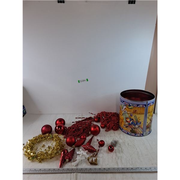 Assorted Red Christmas Baubles and Hooks, Ornaments, Beads, (2) Angels, (1) Nativity Scene, Storage
