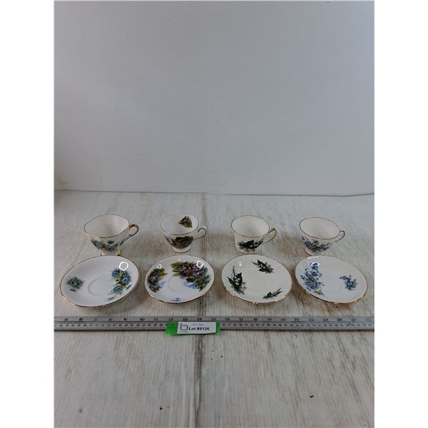 (4) Teacups with Saucers, (1) Windsor, (2) Royal Vale, (1) Delphine