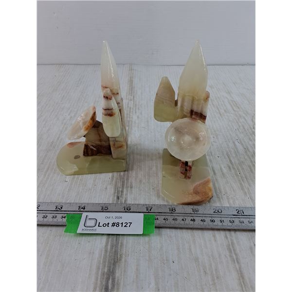 (2) Onyx Marble Bookends of Sleeping Siesta Man Beside Cactus