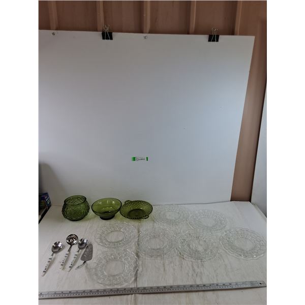 (3) Green Glass Bowls, (7) Glass Plates, Spoon, Ladle, Spoon, Pastry Server