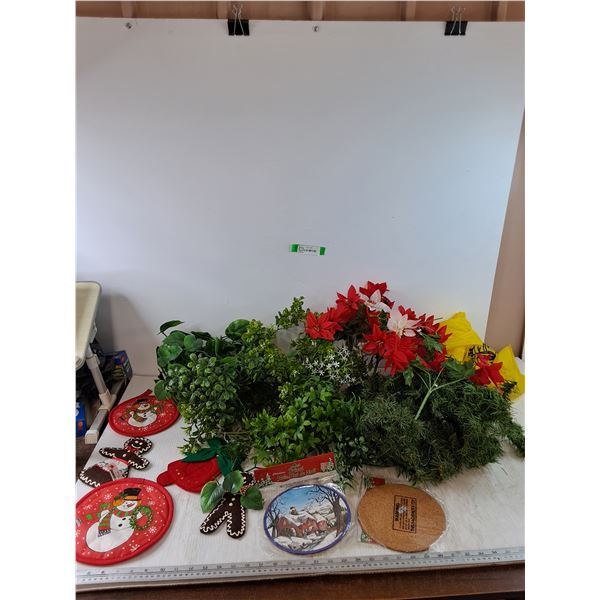 Assorted Artifical Decorative Plants, (2) Cork Hot Pads, Pot Holders, Misc