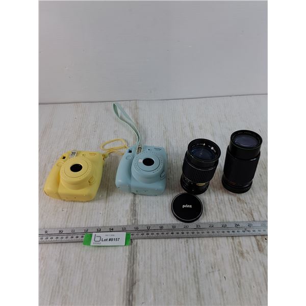 (2) Instax Cameras, Prinz and Hanimex Camera Lenses All Untested