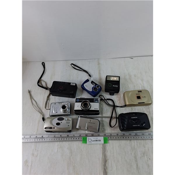 Assorted Cameras Untested and (1) Cameras Flash Attachment, HP, Kodak, Robinson, Vivitar, Fujifilm