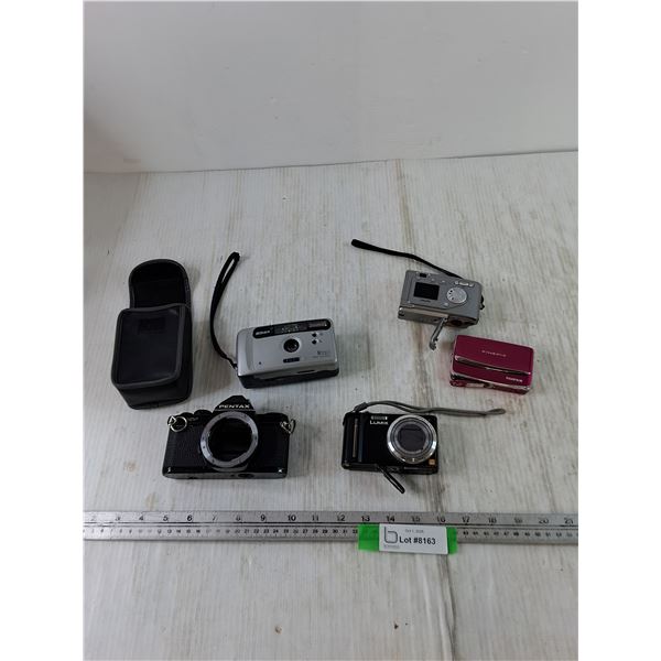 (5) Cameras, Pentax As-Is, Lumix, (2) Fuji Finepix, Nikon AF230 with Bag All Untested