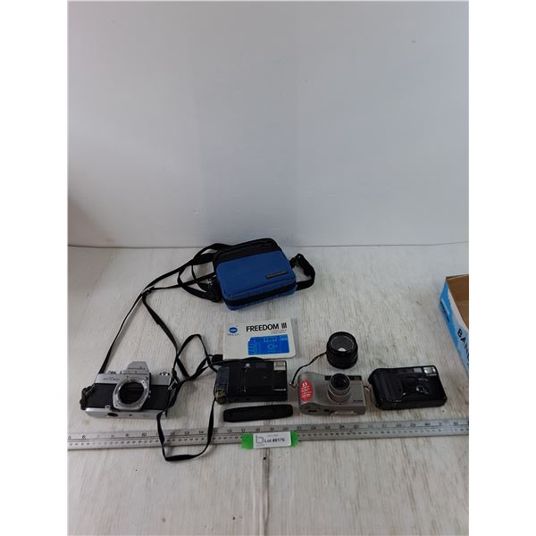 (4) Cameras Untested, (2) Minoltas, (1) Kodak, (1) Canon, Minolta Freedom 3 with Carry Case, Manual