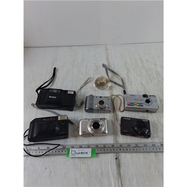 (6) Cameras, Fuji, Vivitar, Canon, Samsung All Untested, Glass Orb As-Is