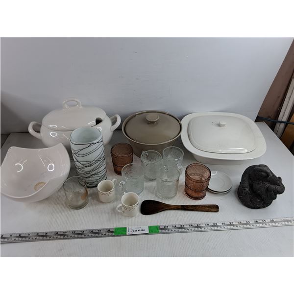 Ceramic Soup Dish, Ceramic Bowls, Glass Vase, Cups, Spatula, Inuit Figure, Misc