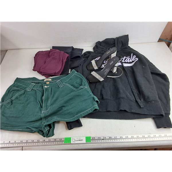 Denim Shorts, Heels - Size 7, Leggings & Bunny Hug - Size M