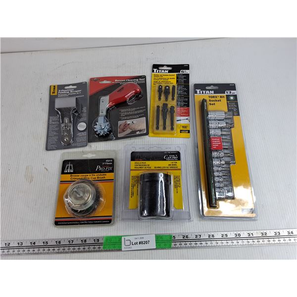 Folding Scraper, Torx Bits, Stubby & Wobble Socket Adapter Set, Wire Cup Brush, Misc
