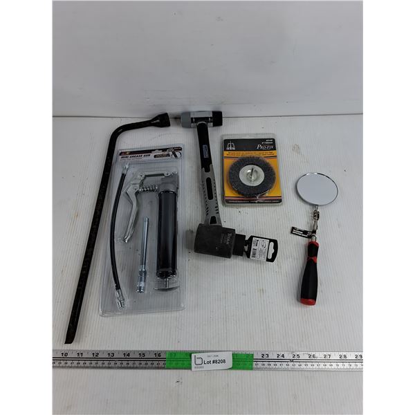 Mini Grease Gun, Lug Wrench, Mallet, Inspection Mirror, Wire Wheel Brush, Socket