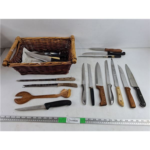Assorted Kitchen Knives & Wicker Basket