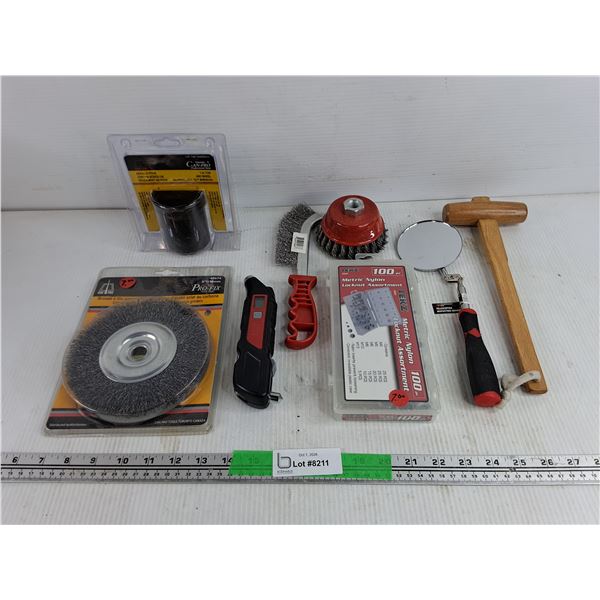 Bearing Lock Nut Wrench, Tire Pressure Gauge, Wire Brush Wheel, Inspection Mirror, Mallet, Locknuts