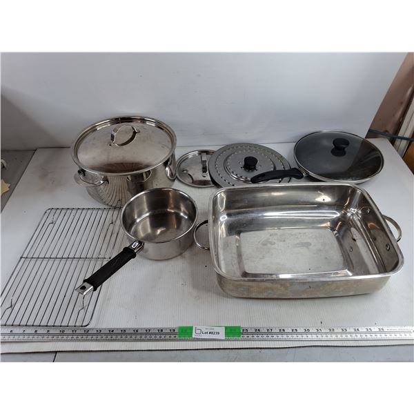 Stock Pots w/Lids, Baking Pan. Frying Pan w/Lid, Misc