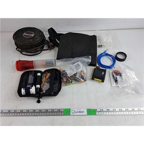 Blood Sugar Meter, LED Flashlight, Batteries, Excell Electric Fan, ENET Cable, Misc