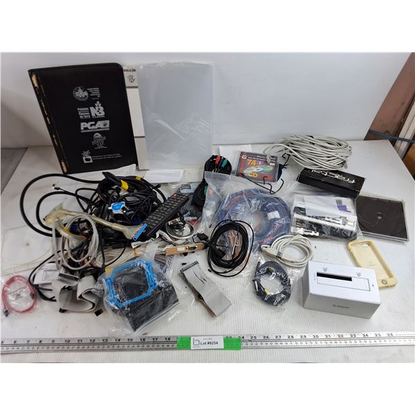 Assorted Computer Cables, SATA Hard Drive Dock, iPhone 4 Case, Remote, Misc