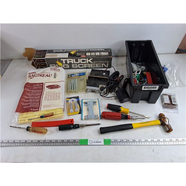 Truck Bug Screen, Hammer, Screwdrivers, Kenmore Vaccuum Cleaner Bag, Nails, Steering Wheel Puller
