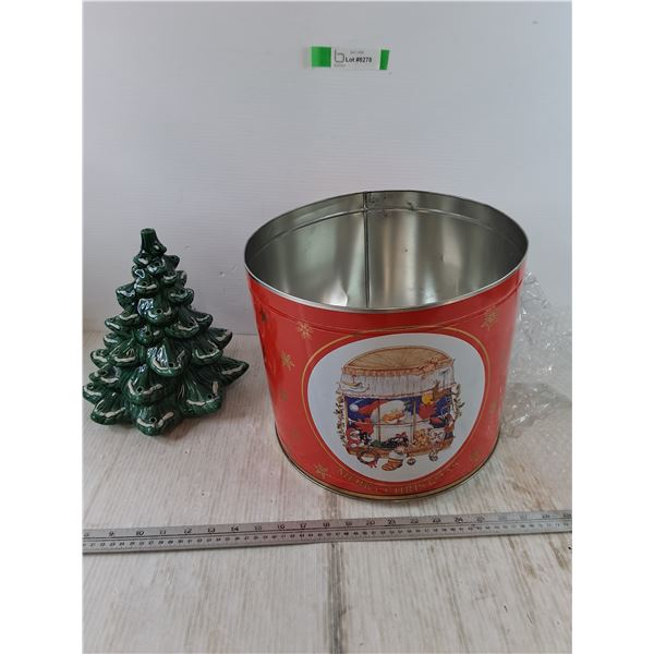 Christmas Tin Container with Ceramic Tree Body
