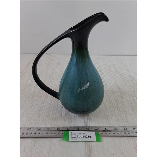 Ceramic Blue and Black Pitcher with Cracked Handle