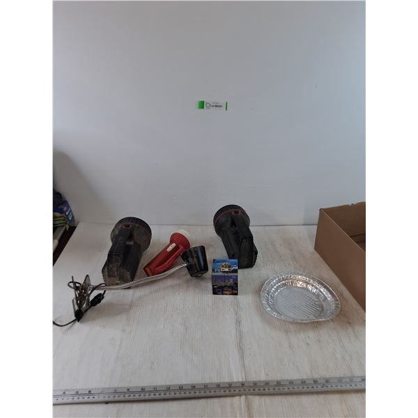 (3) Flashlights Tested As-Is, (1) Lamp with Clamp Stand Powers On, San Francisco Fidget Box