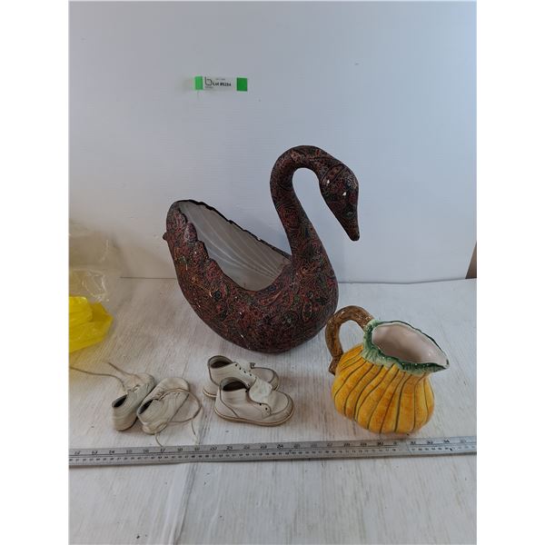 Fiberglass Swan, Ceramic Pitcher, (2) Pairs of Small Baby Shoes ~4 1/2"