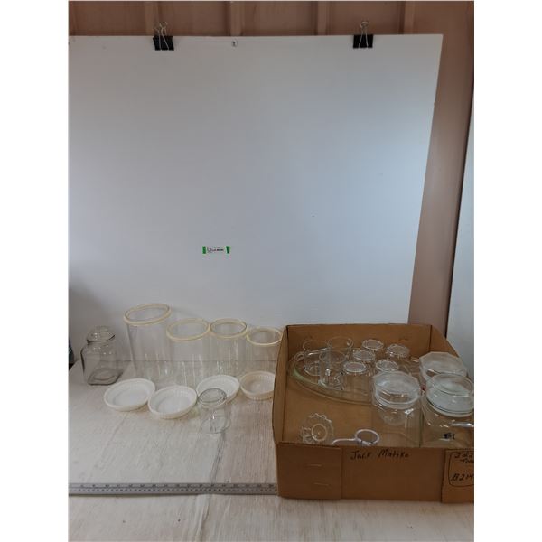 (4) Glass Jars, (10) Kig Coffee Cups with Platter, (4) Plastic Jars with Lids