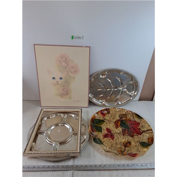 (3) Metal Platters, (1) Plastic Platter, Picture Frame, Framed Cat Picture