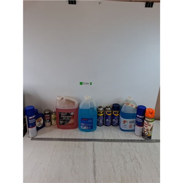 Assorted Chemicals, (2) Windshield Washer & Antifreeze, Brake Parts Cleaner, (3) WD40, No Shipping