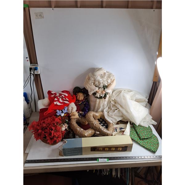 * Large Assorted Decor Lot (Christmas, Draperies, Ornaments, USA Place Mats, Candle Holder, Misc.)