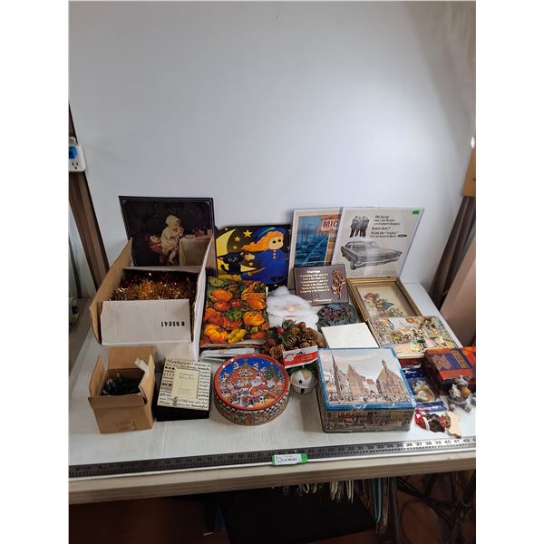 Large Lot of Assorted Decor (Christmas, Halloween, String Lights, Tins, Posters, Table Cloths)